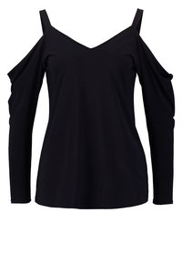 Svart topp med långa ärmar, off-shoulder-design, V-ringning och mjukt, stretchy material. Har draperad detalj på ärmarna.
