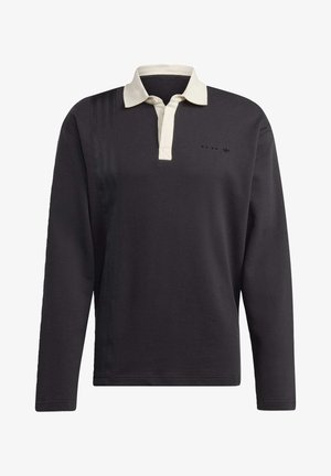 Czarna koszulka polo z długim rękawem, białym kołnierzykiem, pliską na trzy guziki oraz subtelnym, czarnym logo po lewej stronie klatki piersiowej.