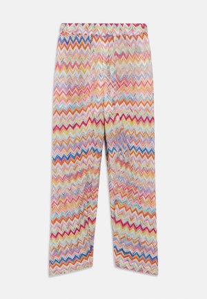 Kleurrijke broek met zigzagpatroon in tinten roze, blauw, geel en groen; elastische tailleband; lichtgewicht, gestructureerde stof.