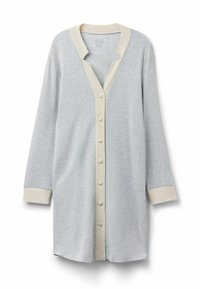 Ljusgrå cardigan med långa ärmar, V-ringning och krämfärgad kant. Har en rad knäppningar fram och kontrasterande mudd.