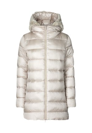 Giacca invernale imbottita beige chiaro con zip frontale e cappuccio foderato con bordo in pelliccia morbida.