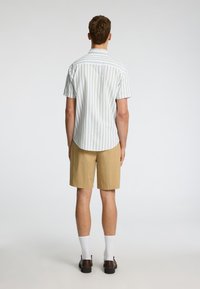 Camisa de manga corta, a rayas en verde claro y blanco, combinada con pantalones cortos beige hasta la rodilla, llevada con calcetines blancos y zapatos marrones, vista desde la parte de atrás.