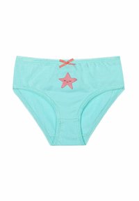 Mutandine in cotone verde menta con una stella rosa con un volto sorridente, un delizioso fiocco corallo e pizzo decorativo lungo la cintura.