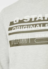 Felpa grigia con testo audace in bianco e verde oliva, che include "G-STAR ORIGINALS" e "RAW DENIM," su un tessuto testurizzato.