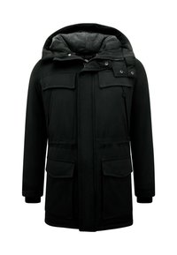 Zwarte parka met capuchon, voorzien van een getextureerde binnenvoering, vier voorket pockets en een ritssluiting met drukknoopsluitingen.