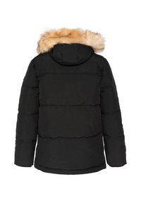 Schwarze Steppjacke mit einer Kapuze aus Kunstfell. Sie hat steppartige Einsätze, einen geraden Schnitt und ist in einer einfarbigen Ausführung ohne zusätzliche Muster oder Akzente.