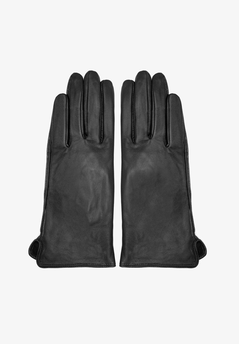 Czarne skórzane rękawiczki o gładkiej fakturze, posiadające pięć palców, staranne przeszycia oraz zaokrąglone mankiety zapewniające wygodę i dopasowanie.