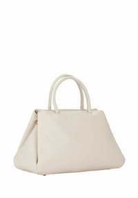 Bolso de mano de cuero blanco con un diseño estructurado, con doble asa superior y una silueta triangular; textura suave sin herrajes visibles.