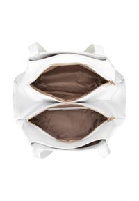 Borsa in pelle bianca con due scomparti con zip, foderata in morbido marrone, decorazioni in hardware dorato e doppi manici per il trasporto.