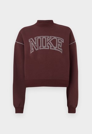 Burgunderfarget Nike kort sweatshirt med høy hals, med hvit brodert logo og kontrasterende sømmer langs skuldersømmene.