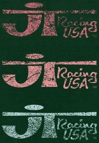 Tre vintage-stil, slitna logotyper i rosa och teal på en mörkgrön bakgrund. Var och en har texten "JR Racing USA" med olika designer.