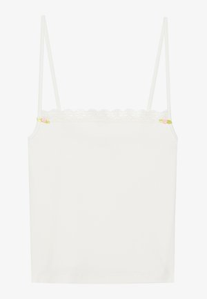 White camisole top with thin straps, featuring a scalloped lace neckline and small floral accent on the side. Smooth texture, simple design.
