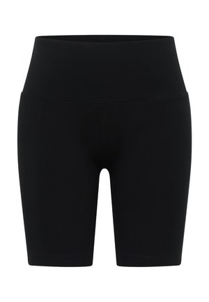 Short noir taille haute, longueur mi-cuisse, stretch, avec une ceinture lisse et un design sans coutures.