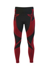 Black leggings featuring a red abstract pattern and textured detailing. Elastic waistband and fitted design enhance mobility and comfort.