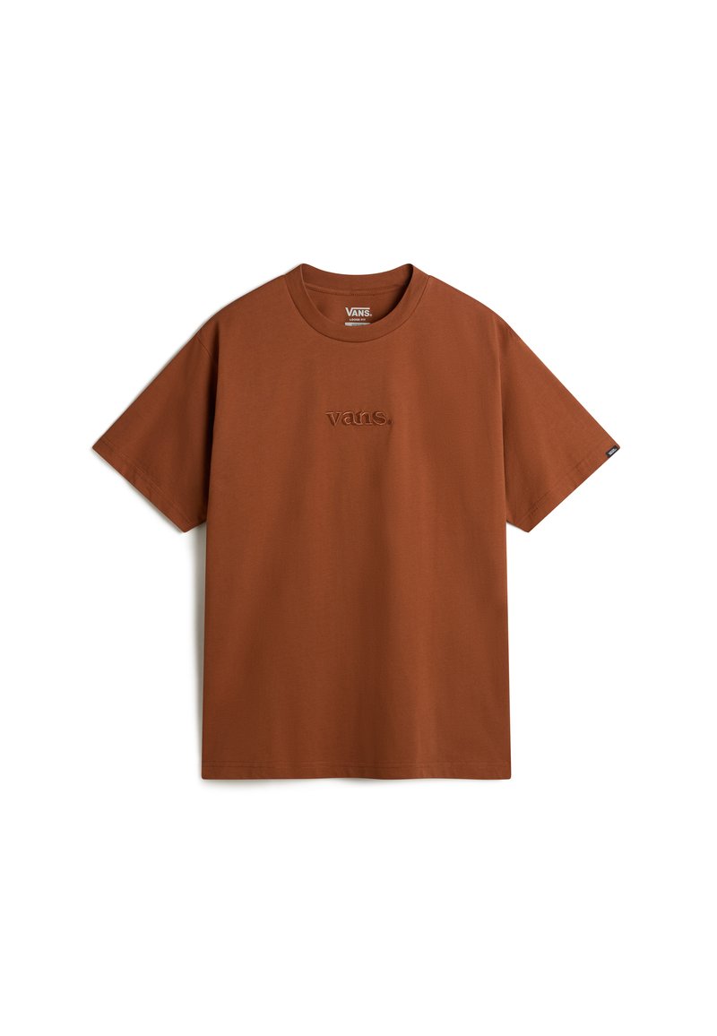 Braunes Baumwoll-T-Shirt mit Rundhalsausschnitt und kurzen Ärmeln. Mit einem gestickten "vans."-Logo auf der Vorderseite. Lässiger Schnitt.
