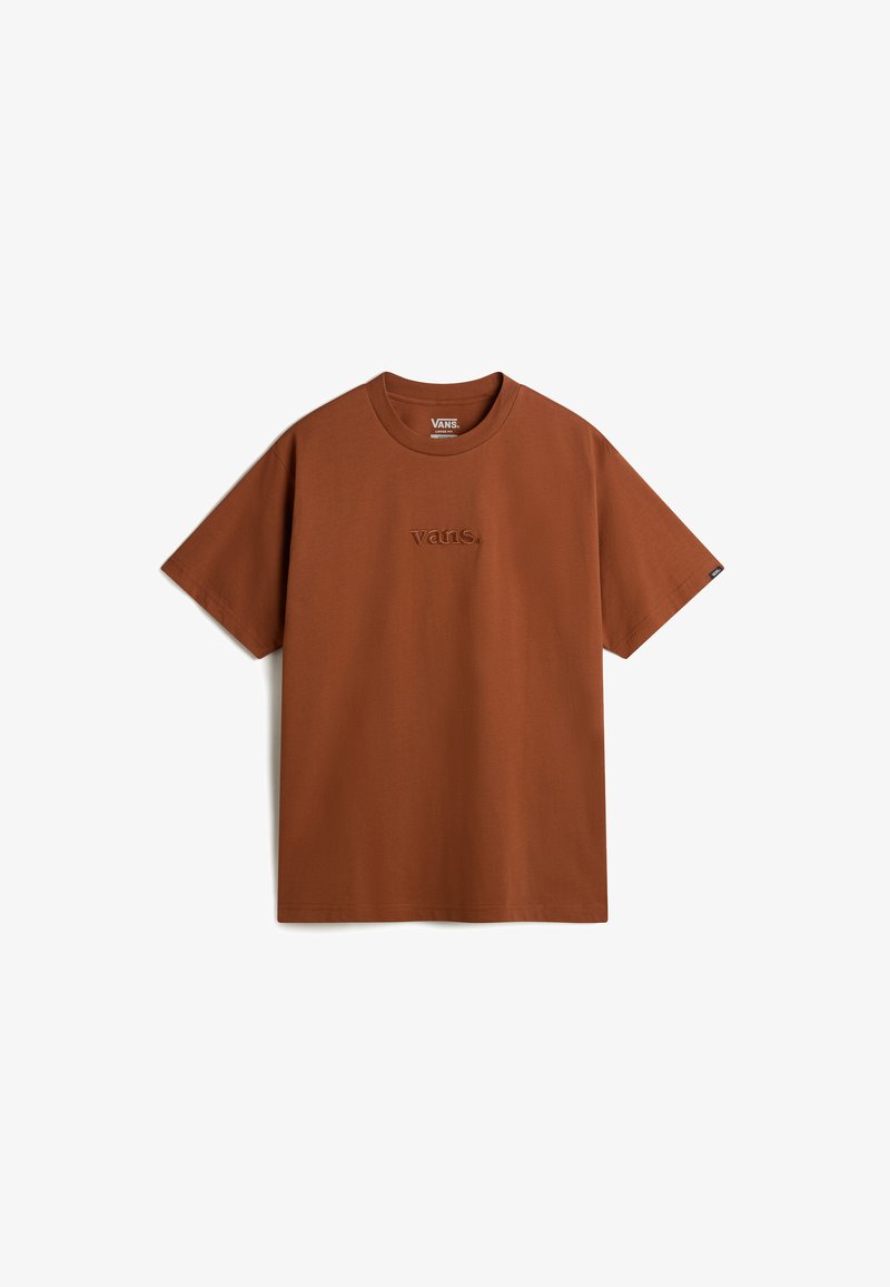 Braunes Baumwoll-T-Shirt mit Rundhalsausschnitt und kurzen Ärmeln. Mit einem gestickten "vans."-Logo auf der Vorderseite. Lässiger Schnitt.