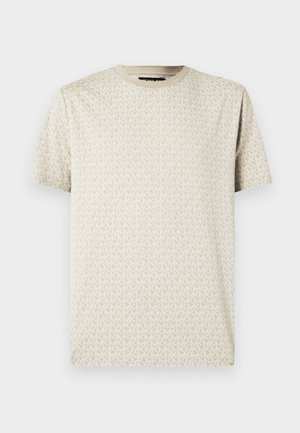 Kurzärmeliges T-Shirt in hellem Beige mit einem sich wiederholenden 'MK'-Logo-Muster. Rundhalsausschnitt und weicher, strukturierter Stoff.
