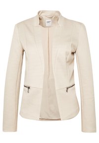 Beige kavaj med en strukturerad design, texturerad tyg, öppen front och två blixtlåsfickor. Kännetecknas av sin skräddarsydda passform och eleganta linjer.