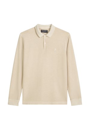 Beige langemouwen polo shirt van zachte katoen. Heeft een klassieke kraag, een drieknopssluiting en een klein geborduurd logo op de borst.