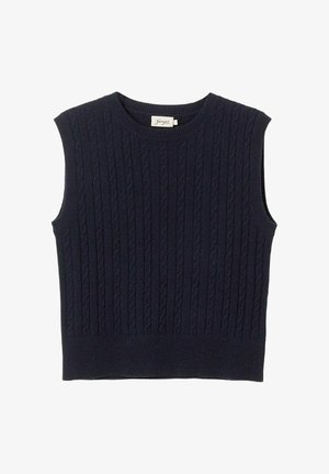 Ärm-lös mörkblå kabelstickad tröja i västformat med ribbad rund nacke och fåll.