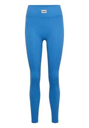 Blaue Leggings mit geripptem Texture und hohem Bund, mit einem kleinen Logolabel an der Vorderseite. Hergestellt aus dehnbarem, atmungsaktivem Material.