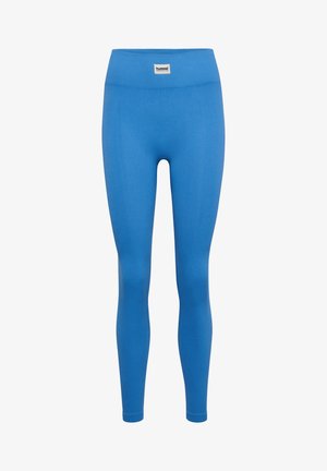 Blaue Leggings mit geripptem Texture und hohem Bund, mit einem kleinen Logolabel an der Vorderseite. Hergestellt aus dehnbarem, atmungsaktivem Material.