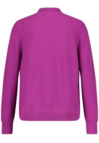 Vibrant purple sweater with a crew neck, long sleeves, and ribbed cuffs. Smooth texture with a knitted finish. No visible fasteners or patterns.