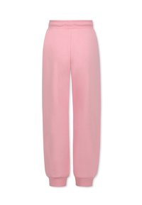 Pantaloni della tuta rosa con una vita elastica, caviglie strette e una texture liscia e morbida. Progettati per il comfort e l'abbigliamento informale.