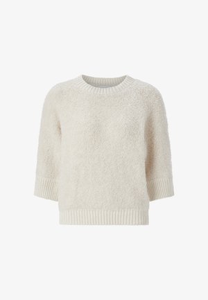 Maglione beige chiaro con una texture morbida e pelosa, colletto e polsini a costine. Presenta una vestibilità ampia e maniche corte.