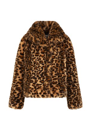 Leopardprint faux fur jakke med sjalet krave, lange ærmer og blødt tekstur i nuancer af brun og sort.
