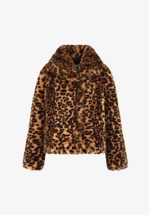 Leopardprint faux fur jakke med sjalet krave, lange ærmer og blødt tekstur i nuancer af brun og sort.