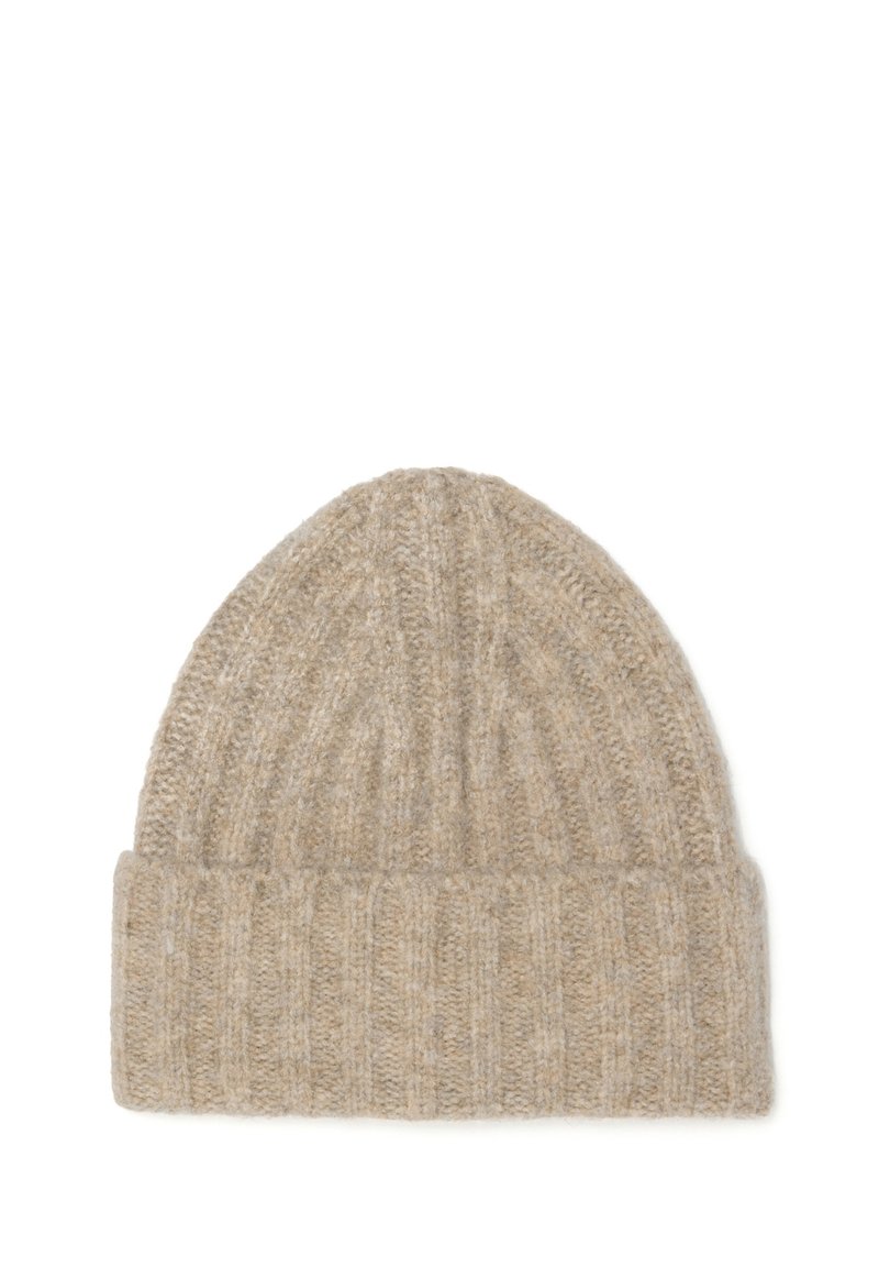 Beanie a coste beige realizzata in morbido lana, con risvolto e motivo testurizzato, adatta per il freddo.