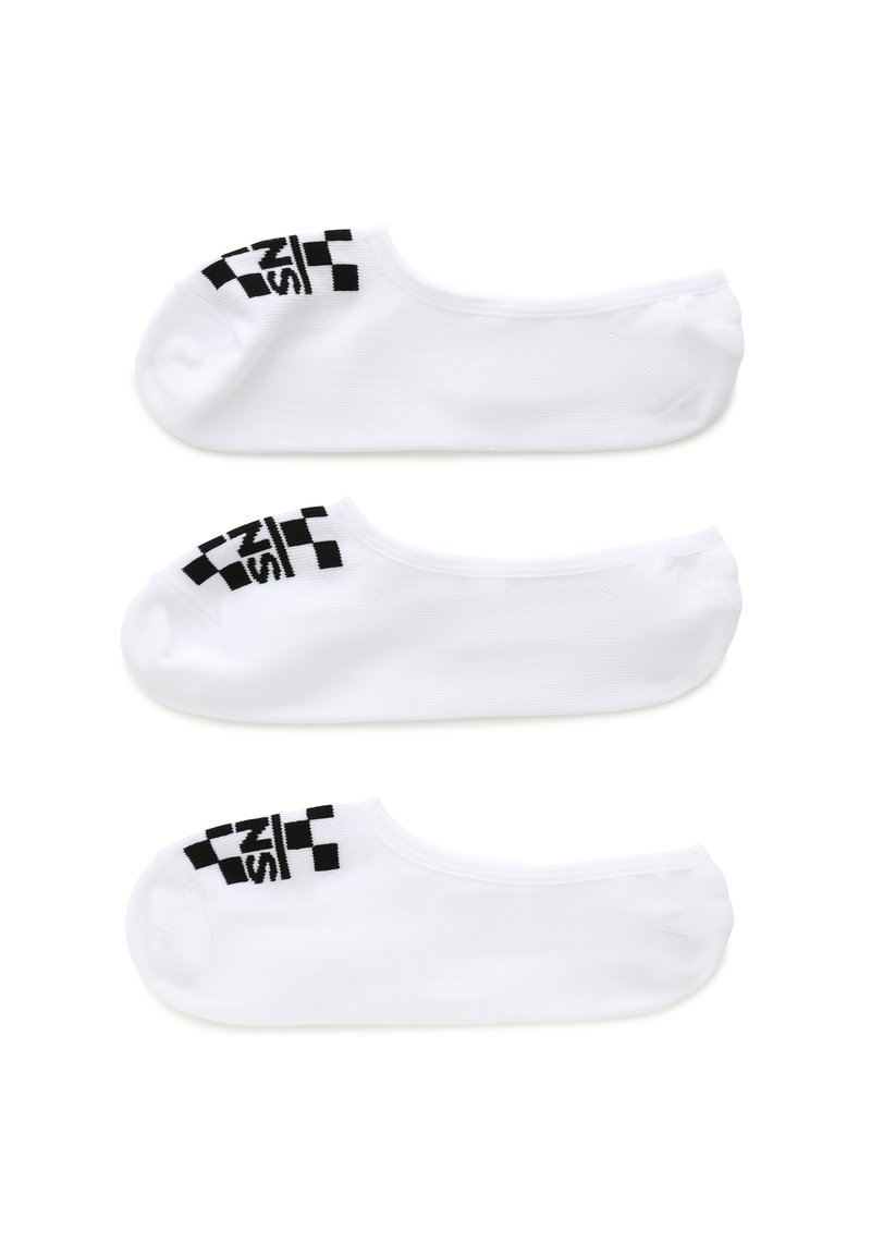 Tres pares de calcetines de tobillo blancos con un patrón a cuadros negro y un logo en el talón, hechos de una tela suave y elástica.