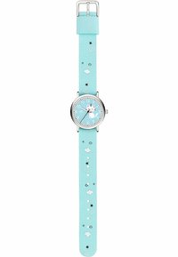 Montre pour enfants avec un bracelet en nylon bleu clair orné de nuages blancs, d'étoiles et d'arcs-en-ciel ; boîtier circulaire en argent avec un cadran bleu clair et des aiguilles.