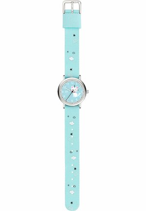 Kinderuhr mit einem hellblauen Nylonarmband, das weiße Wolken, Sterne und Regenbogen zeigt; silbernes, rundes Gehäuse mit einem hellblauen Ziffernblatt und Zeigern.