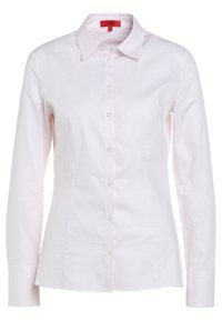 Camicia a maniche lunghe rosa chiaro realizzata in cotone testurizzato, con chiusura a bottoni sul davanti, colletto classico e orlo arrotondato. Progettata per un look aderente.