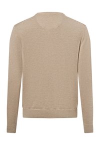 Beige Pullover, gestrickter Stoff, Rundhalsausschnitt, lange Ärmel, gerippte Bündchen und Saum, glatte Textur, schlichtes Design ohne Verzierungen.