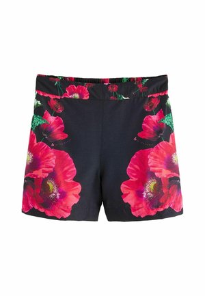 Zwarte shorts met grote felroze klaprozen en groene bladeren bedrukt aan beide zijden.