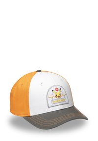 Casquette blanche et orange avec visière grise présentant un graphique de Pikachu et le texte "Pokémon". Matériel en coton ; design structuré avec des accents de couture.