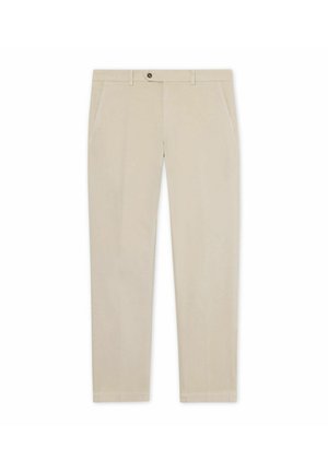 Beżowe spodnie wykonane z gładkiego materiału, o prostym kroju nogawki, ukośnych kieszeniach z przodu oraz z pojedynczym zapięciem na guzik w pasie.