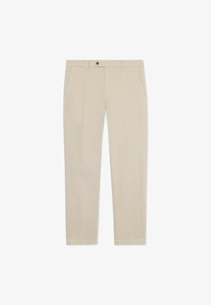 Beżowe spodnie wykonane z gładkiego materiału, o prostym kroju nogawki, ukośnych kieszeniach z przodu oraz z pojedynczym zapięciem na guzik w pasie.