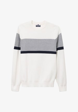 Biały sweter z granatowymi poziomymi paskami na klatce piersiowej. Klasyczny design z okrągłym dekoltem, długimi rękawami oraz ściągaczami na mankietach i dolnej krawędzi. Gładka dzianinowa struktura.