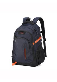 Zaino in tessuto blu navy con dettagli neri, diversi scomparti con cerniera, una tracolla arancione e spallacci imbottiti.