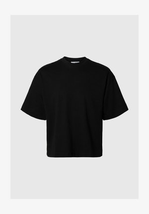 Schwarzes kurzärmliges T-Shirt mit runder Ausschnitt, leicht oversize geschnitten, aus glattem Stoff, ohne sichtbare Muster oder Akzente.