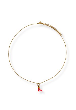 Zarte Goldkette mit kleinem Anhänger in Form eines roten Korallen und einem Karabinerverschluss mit verstellbarem Kettchen.