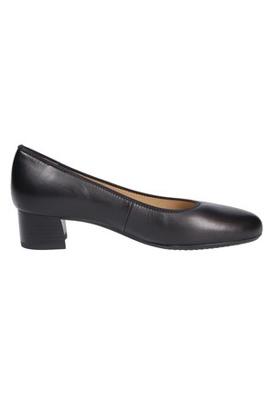 Black leather pump shoe with a rounded toe, low block heel, and stitched detailing along the edge. Smooth texture and classic design.