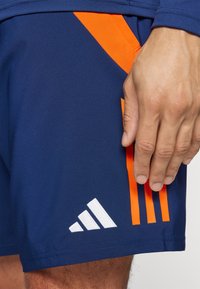 Pantaloni sportivi blu navy con una striscia diagonale arancione e tre strisce verticali. Presentano un logo ricamato bianco all'orlo. Texture liscia.