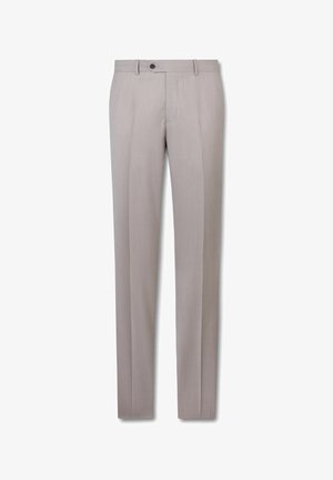 Pantalon formel gris clair avec plis frontaux, poches latérales, passants pour ceinture et fermeture par bouton à la taille, présenté sur un fond blanc.