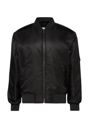 Giacca bomber nera con cerniera frontale, collo, polsini e orlo a coste, più due tasche laterali.