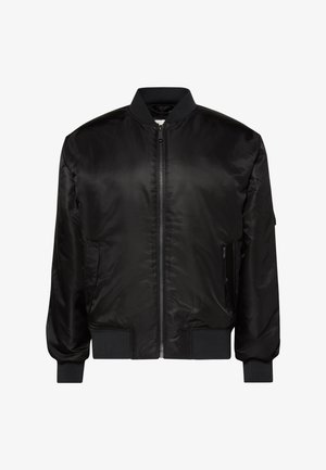 Črni bomber jakna z zadrgo spredaj, rebrastim ovratnikom, manšetami in spodnjim robom ter dvema bočnima žepoma.